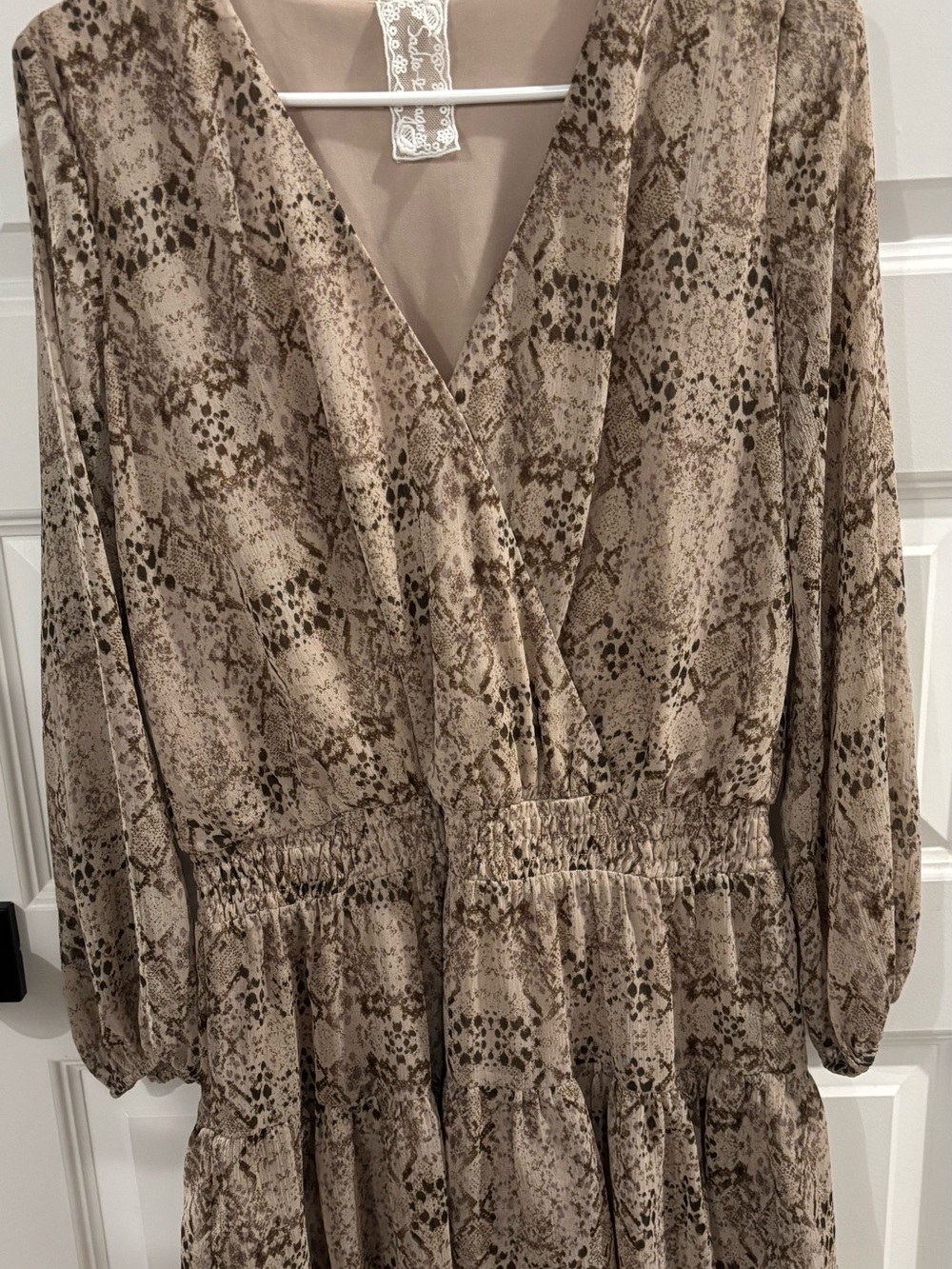 Women’s Beige Snake Print Wrap-Style Long Sleeve Drop Waist Midi Dress